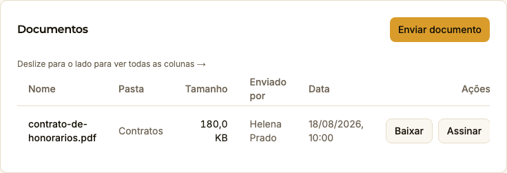 Cartão Documentos na página do caso: uma linha com o arquivo contrato-de-honorarios.pdf, na pasta Contratos, e à direita os botões Baixar e Assinar