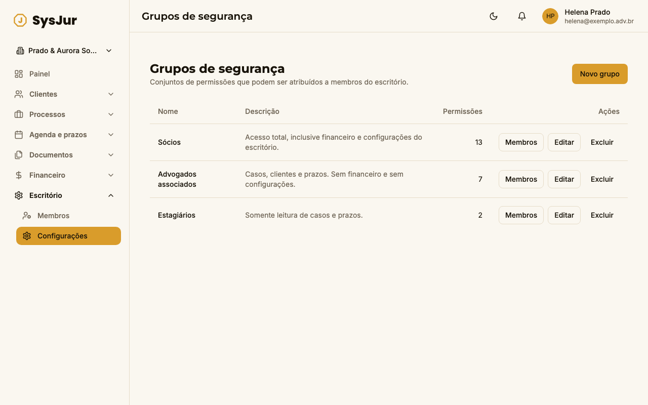 Tela “Grupos de segurança” com três grupos — Sócios, Advogados associados e Estagiários — e a contagem de permissões de cada um