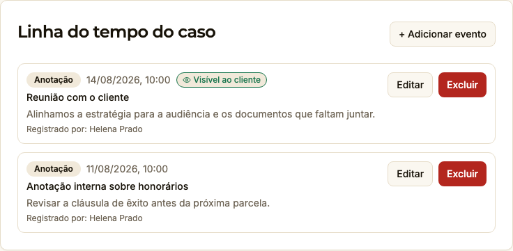 Linha do tempo do caso com dois registros: o primeiro traz a etiqueta verde “Visível ao cliente” e o segundo não tem etiqueta nenhuma, ou seja, fica só no escritório