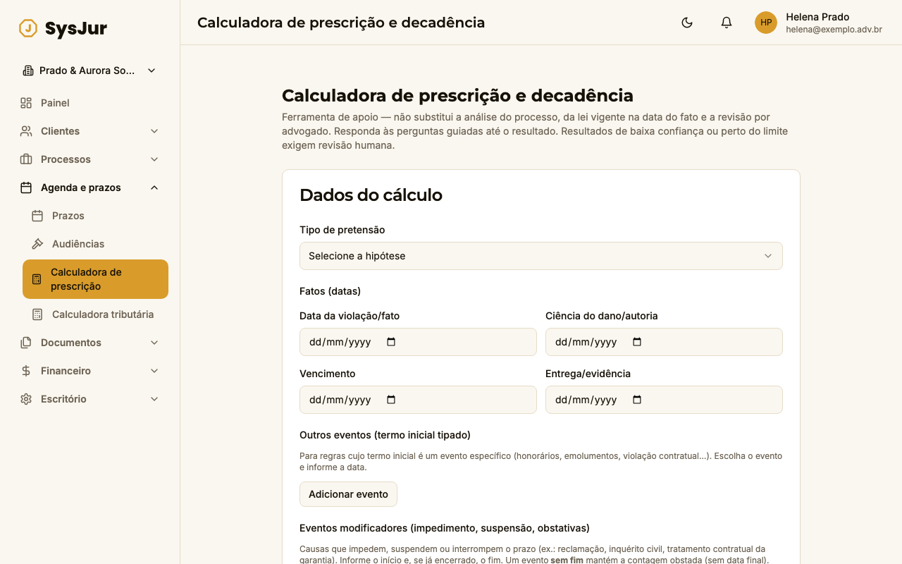 Formulário guiado da calculadora de prescrição: seleção do tipo de pretensão e os campos de data dos fatos